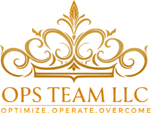 Golden ornate design above text reading "OPS TEAM LLC" and "Optimize. Operate. Overcome.